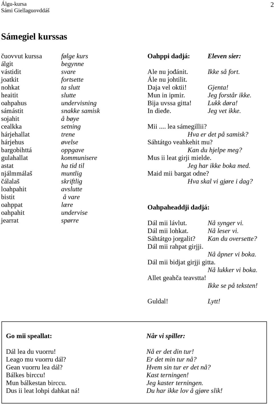 undervise spørre Oahppi dadjá: Eleven sier: Ale nu jođánit. Ále nu johtilit. Daja vel oktii! Mun in ipmir. Bija uvssa gitta! In dieđe. Ikke så fort. Gjenta! Jeg forstår ikke. Lukk døra! Jeg vet ikke.