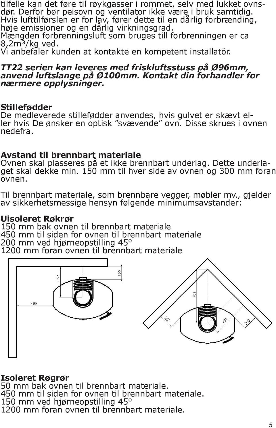 Vi anbefaler kunden at kontakte en kompetent installatör. TT22 serien kan leveres med friskluftsstuss på Ø96mm, anvend luftslange på Ø100mm. Kontakt din forhandler for nærmere opplysninger.