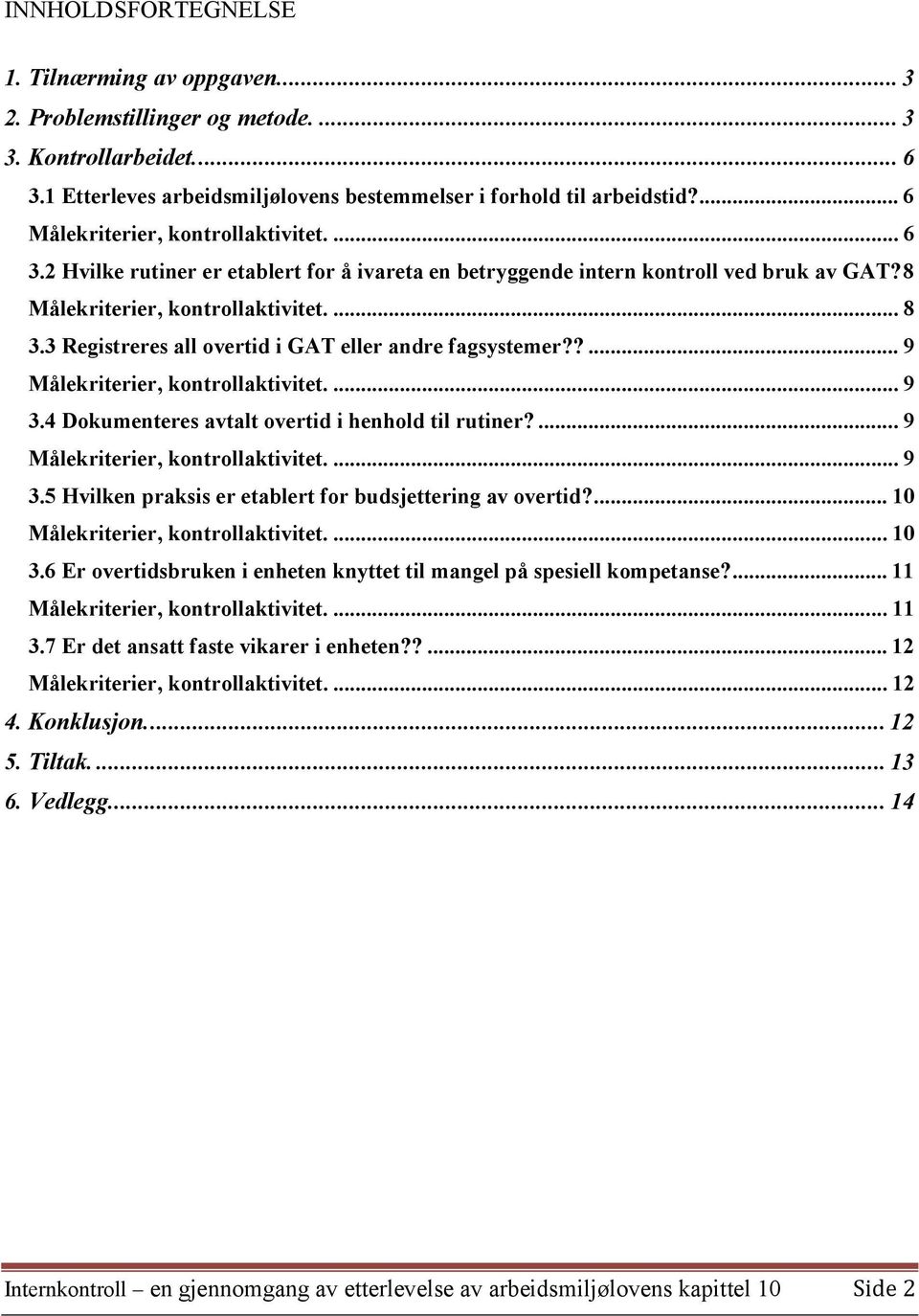 3 Registreres all overtid i GAT eller andre fagsystemer??... 9 Målekriterier, kontrollaktivitet.... 9 3.4 Dokumenteres avtalt overtid i henhold til rutiner?... 9 Målekriterier, kontrollaktivitet.... 9 3.5 Hvilken praksis er etablert for budsjettering av overtid?