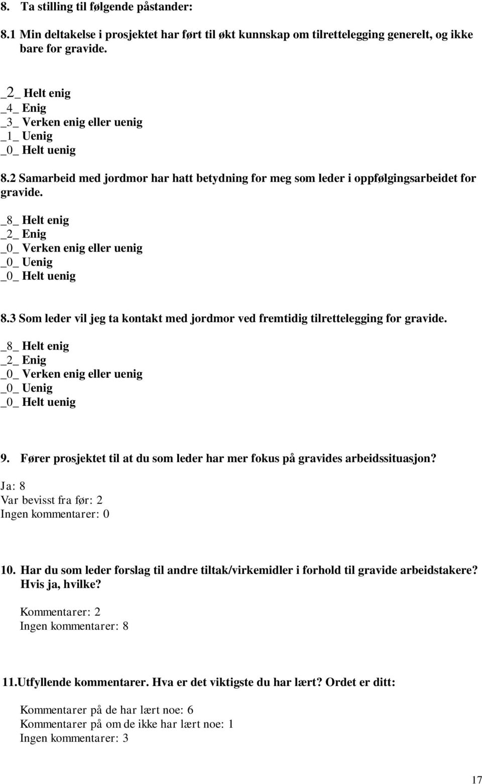 _8_ Helt enig _2_ Enig _0_ Verken enig eller uenig _0_ Uenig _0_ Helt uenig 8.3 Som leder vil jeg ta kontakt med jordmor ved fremtidig tilrettelegging for gravide.