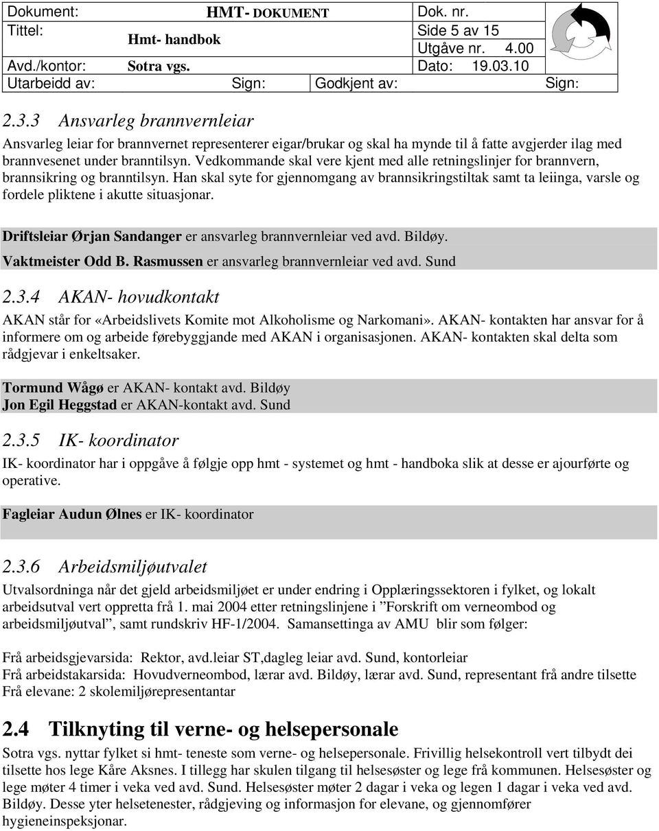 Han skal syte for gjennomgang av brannsikringstiltak samt ta leiinga, varsle og fordele pliktene i akutte situasjonar. Driftsleiar Ørjan Sandanger er ansvarleg brannvernleiar ved avd. Bildøy.