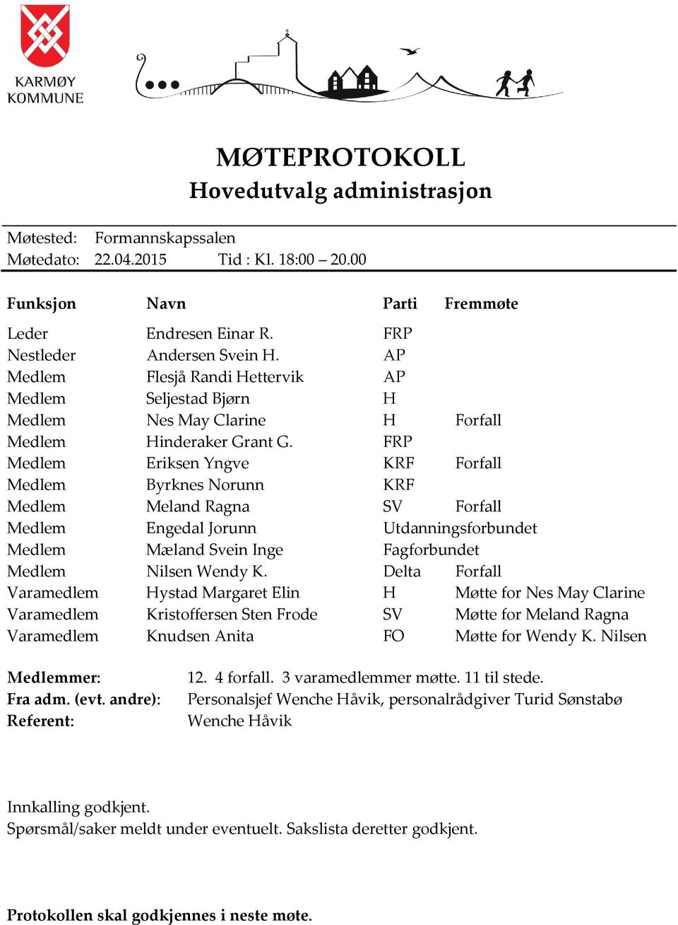 FRP Medlem Eriksen Yngve KRF Forfall Medlem Byrknes Norunn KRF Medlem Meland Ragna SV Forfall Medlem Engedal Jorunn Utdanningsforbundet Medlem Mæland Svein Inge Fagforbundet Medlem Nilsen Wendy K.