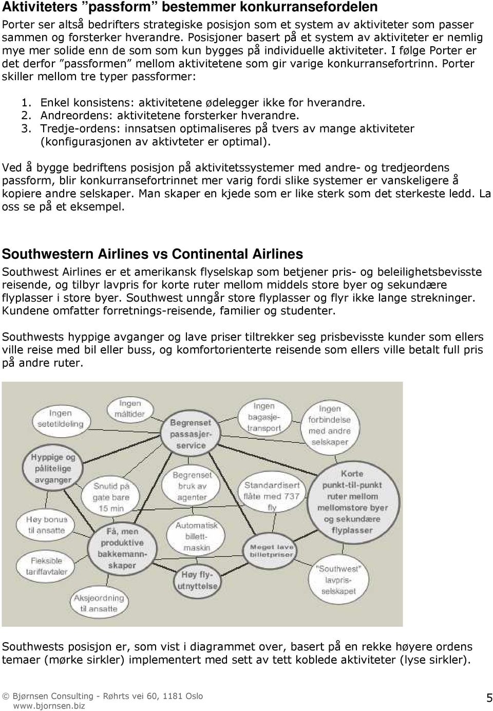 I følge Porter er det derfor passformen mellom aktivitetene som gir varige konkurransefortrinn. Porter skiller mellom tre typer passformer: 1.