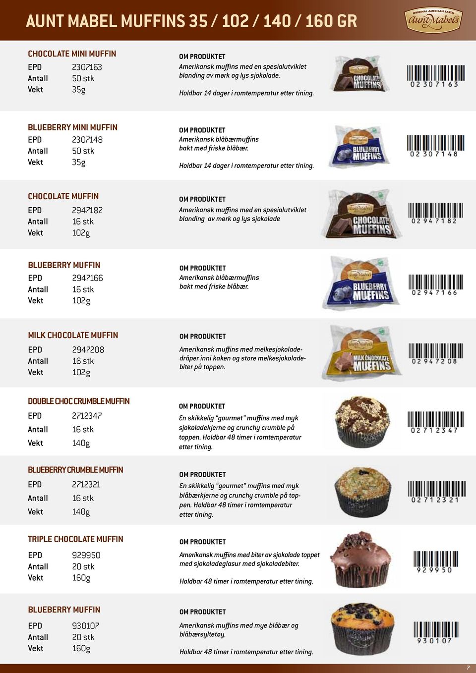 Chocolate Muffin EPD 2947182 Vekt 102g Amerikansk muffins med en spesialutviklet blanding av mørk og lys sjokolade Blueberry Muffin EPD 2947166 Vekt 102g Amerikansk blåbærmuffins bakt med friske