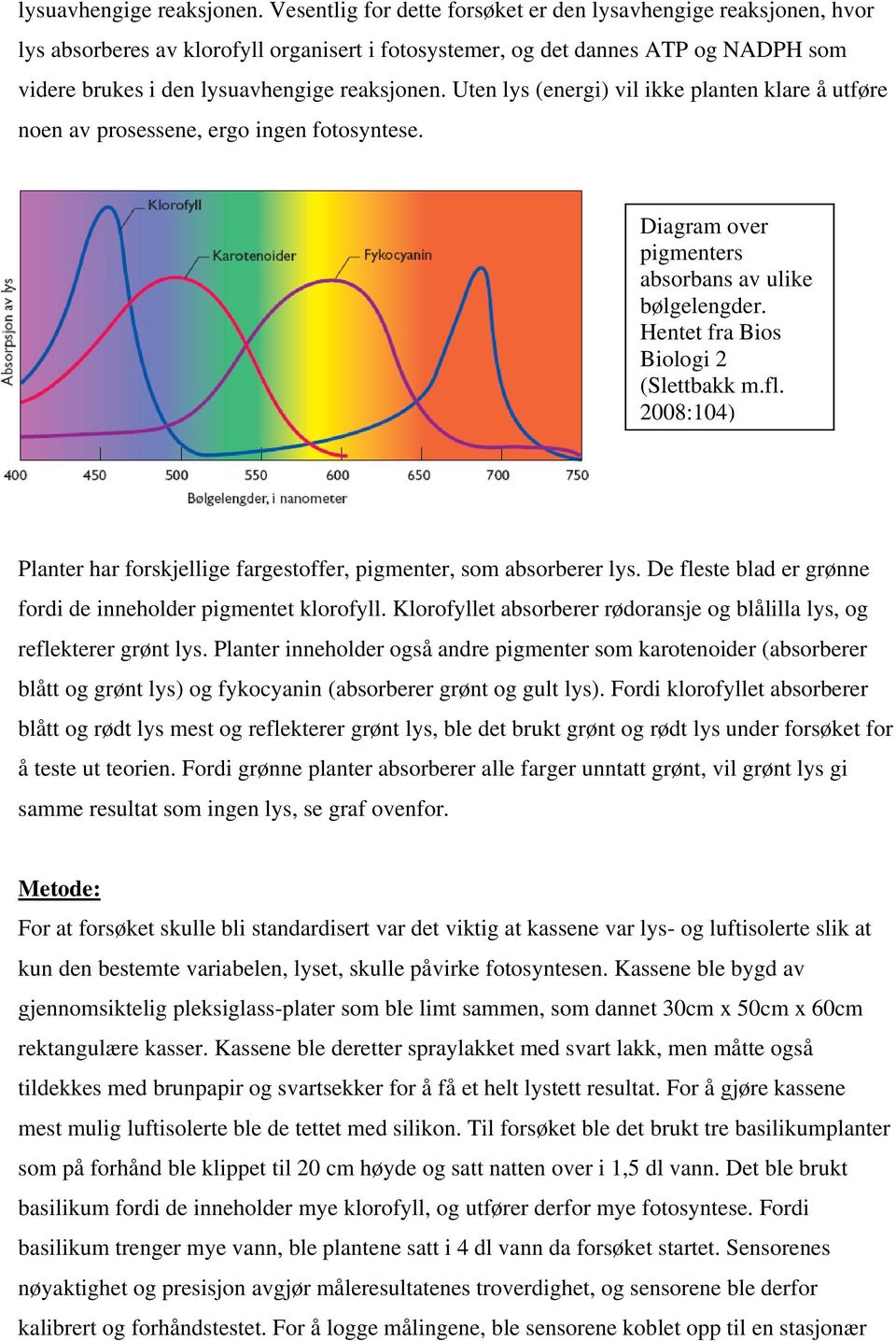 planten klare å utføre noen av prosessene, ergo ingen fotosyntese. Diagram over pigmenters absorbans av ulike bølgelengder. Hentet fra Bios Biologi 2 (Slettbakk m.fl.