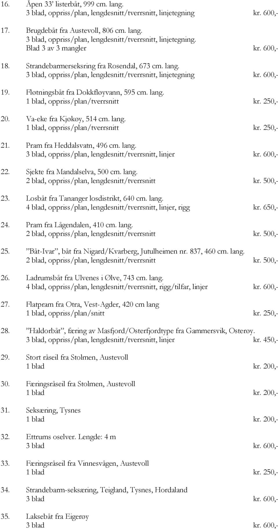 Pram fra Heddalsvatn, 496 cm. lang. 3 blad, oppriss/plan, lengdesnitt/tverrsnitt, linjer kr. 600,- 22. Sjekte fra Mandalselva, 500 cm. lang. 23. Losbåt fra Tananger losdistrikt, 640 cm. lang. 4 blad, oppriss/plan, lengdesnitt/tverrsnitt, linjer, rigg kr.