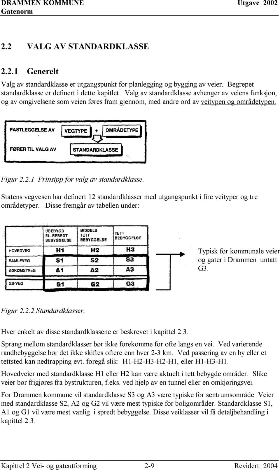 Statens vegvesen har definert 12 standardklasser med utgangspunkt i fire veityper og tre områdetyper. Disse fremgår av tabellen under: Typisk for kommunale veier og gater i Drammen untatt G3. Figur 2.