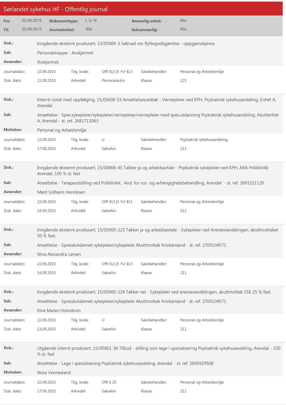 sykepleier/sykepleier/vernepleier/vernepleier med spes.utdanning Psykiatrisk sykehusavdeling, Akuttenhet A, Arendal - st. ref. 2681713063 Psykiatrisk sykehusavdeling Dok. dato: 17.09.