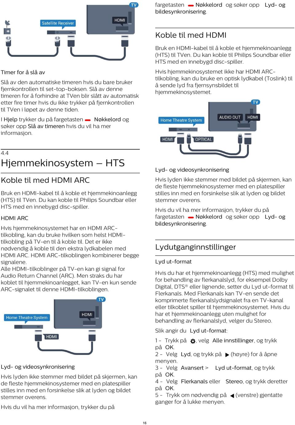 Hvis hjemmekinosystemet ikke har HDMI ARCtilkobling, kan du bruke en optisk lydkabel (Toslink) til å sende lyd fra fjernsynsbildet til hjemmekinosystemet.