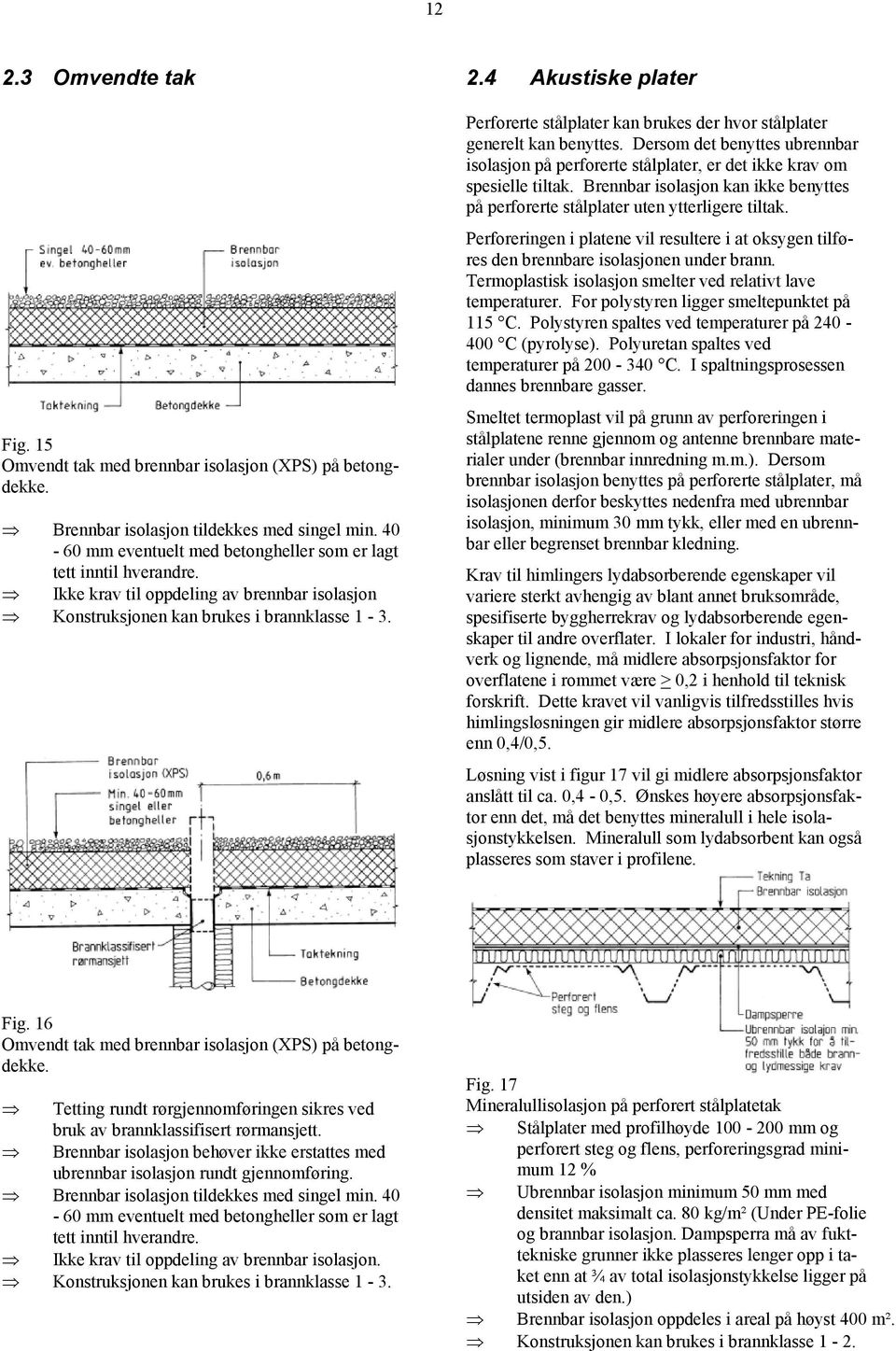 Dersom det benyttes ubrennbar isolasjon på perforerte stålplater, er det ikke krav om spesielle tiltak. Brennbar isolasjon kan ikke benyttes på perforerte stålplater uten ytterligere tiltak.