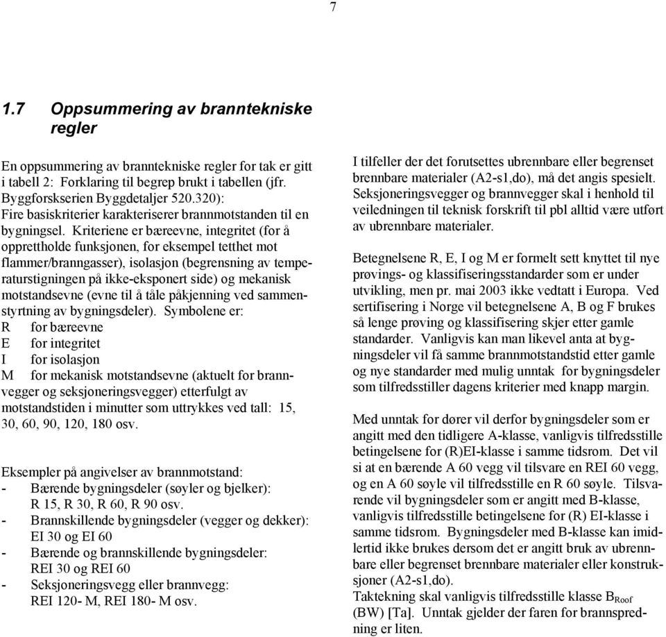 Kriteriene er bæreevne, integritet (for å opprettholde funksjonen, for eksempel tetthet mot flammer/branngasser), isolasjon (begrensning av temperaturstigningen på ikke-eksponert side) og mekanisk