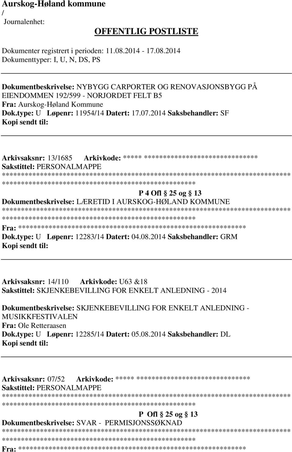 AURSKOG-HØLAND KOMMUNE ************************* Fra: ********* Dok.type: U Løpenr: 1228314 Datert: 04.08.