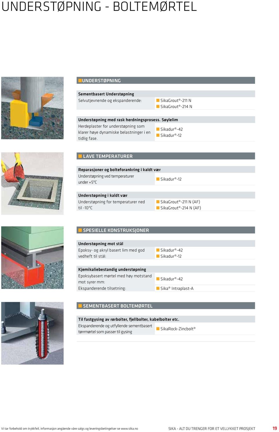 Sikadur -42 Sikadur -12 LAVE TEMPERATURER Reparasjoner og bolteforankring i kaldt vær Understøpning ved temperaturer Sikadur -12 under +5ºC Understøpning i kaldt vær Understøpning for temperaturer