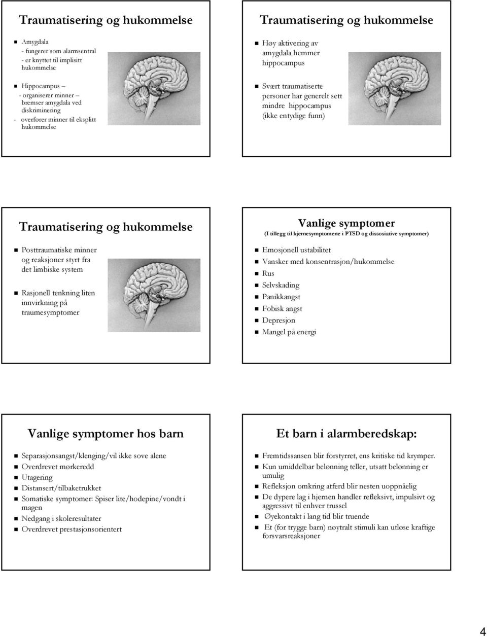 hukommelse Posttraumatiske minner og reaksjoner styrt fra det limbiske system Rasjonell tenkning liten innvirkning påp traumesymptomer Vanlige symptomer (I tillegg til kjernesymptomene i PTSD og