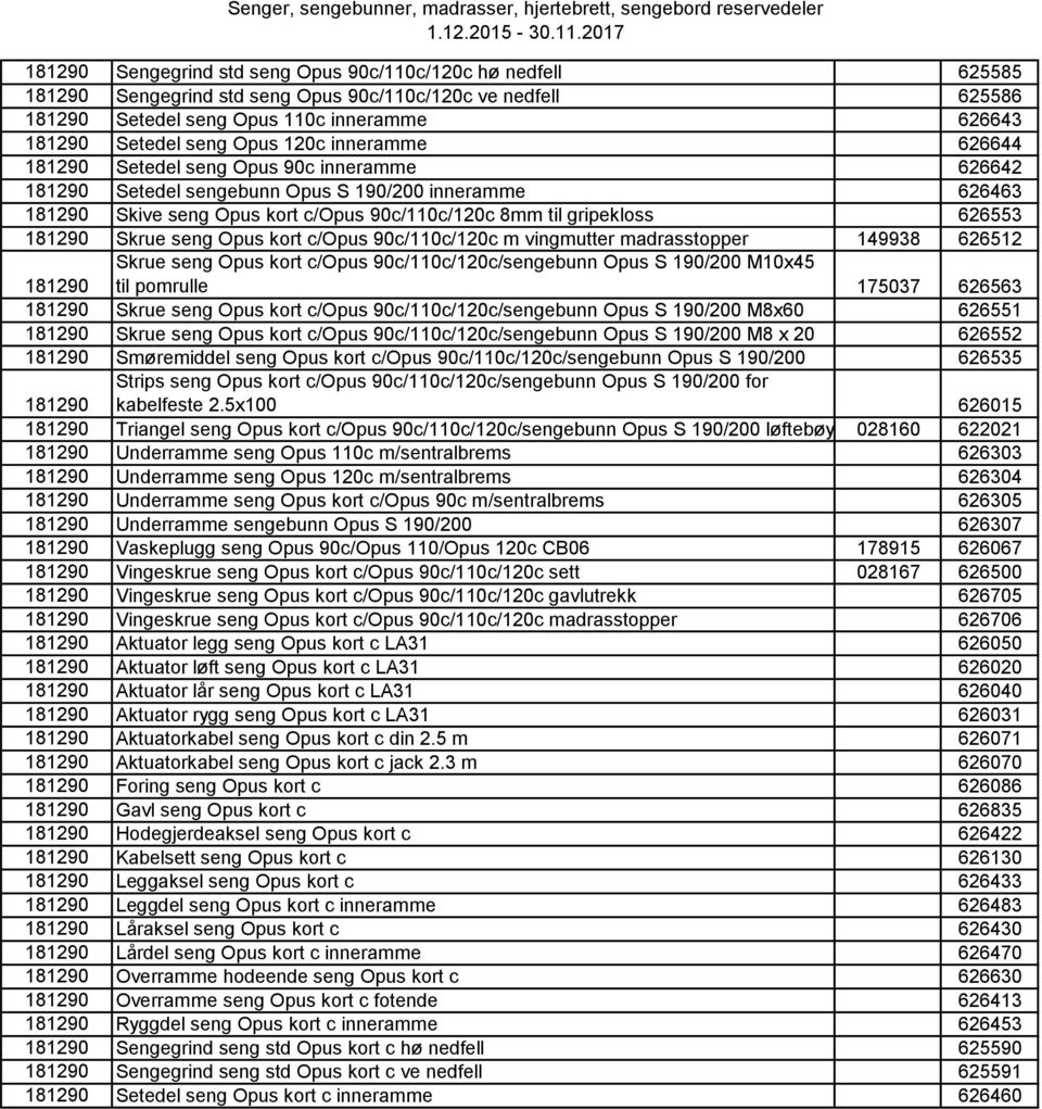 m vingmutter madrasstopper 149938 626512 Skrue seng Opus kort c/opus 90c/110c/120c/sengebunn Opus S 190/200 M10x45 til pomrulle 175037 626563 Skrue seng Opus kort c/opus 90c/110c/120c/sengebunn Opus