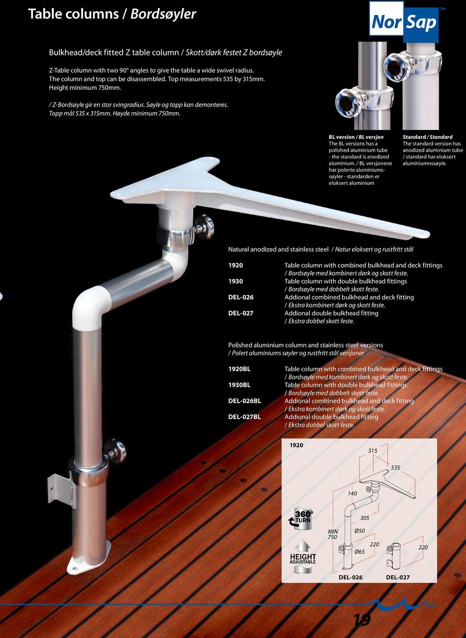 Høyde minimum 750mm. BL version / BL versjon The BL versions has a polished aluminium tube - the standard is anodized aluminium.