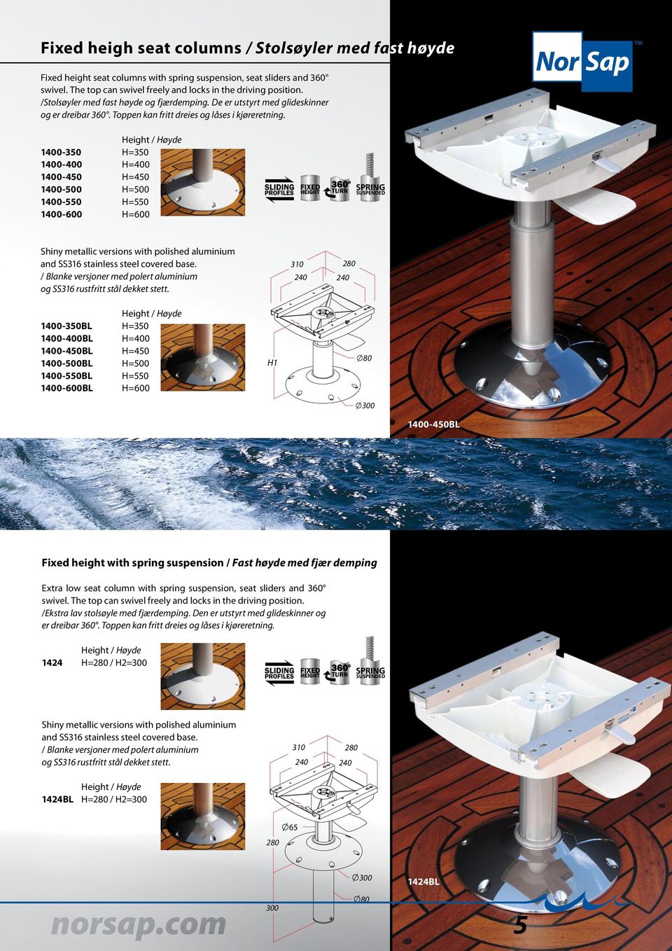 Height / Høyde 1400-350 H=350 1400-400 H=400 1400-450 H=450 1400-500 H=500 1400-550 H=550 1400-600 H=600 Shiny metallic versions with polished aluminium and SS316 stainless steel covered base.