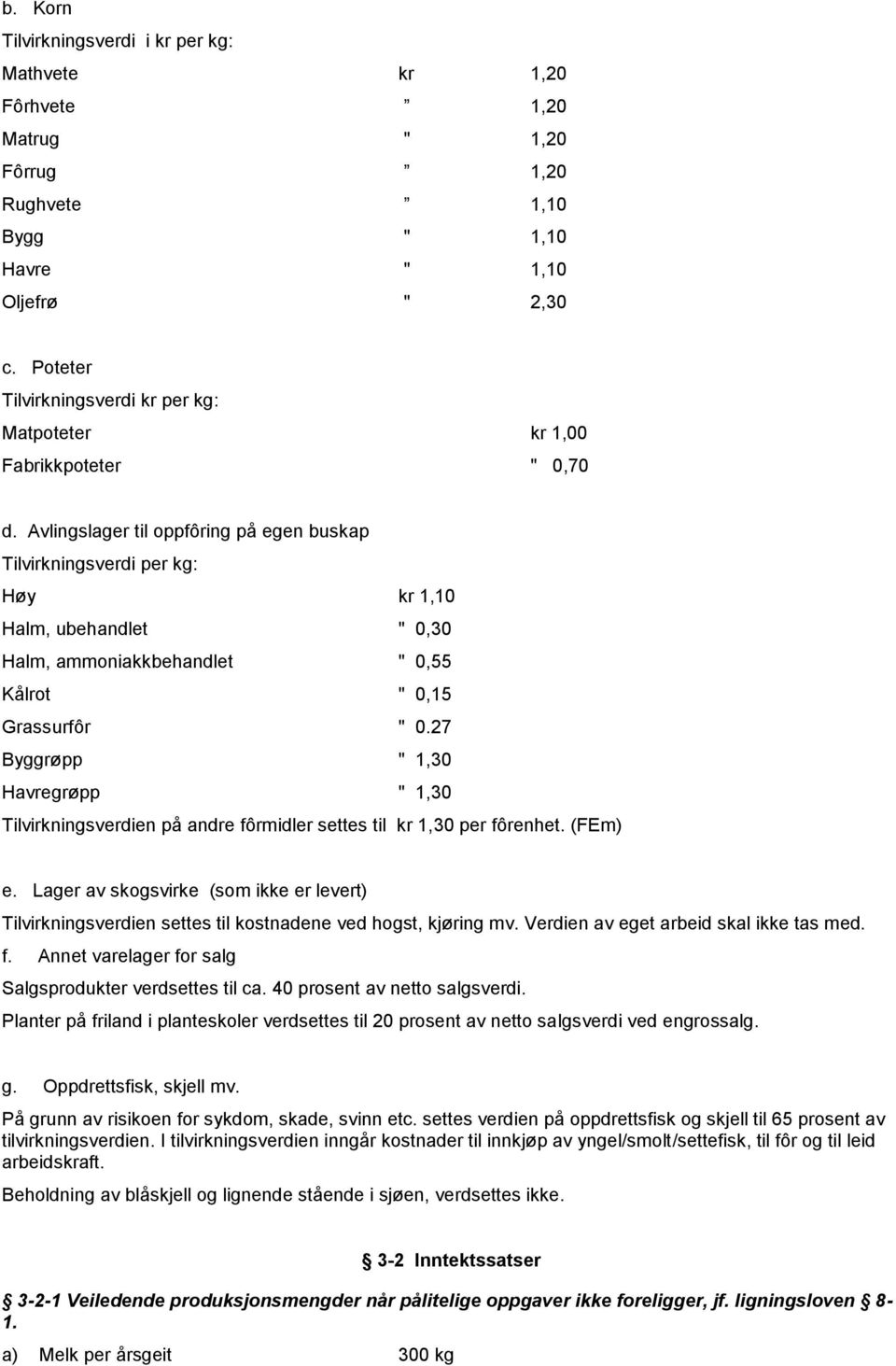 Avlingslager til oppfôring på egen buskap Tilvirkningsverdi per kg: Høy kr 1,10 Halm, ubehandlet " 0,30 Halm, ammoniakkbehandlet " 0,55 Kålrot " 0,15 Grassurfôr " 0.