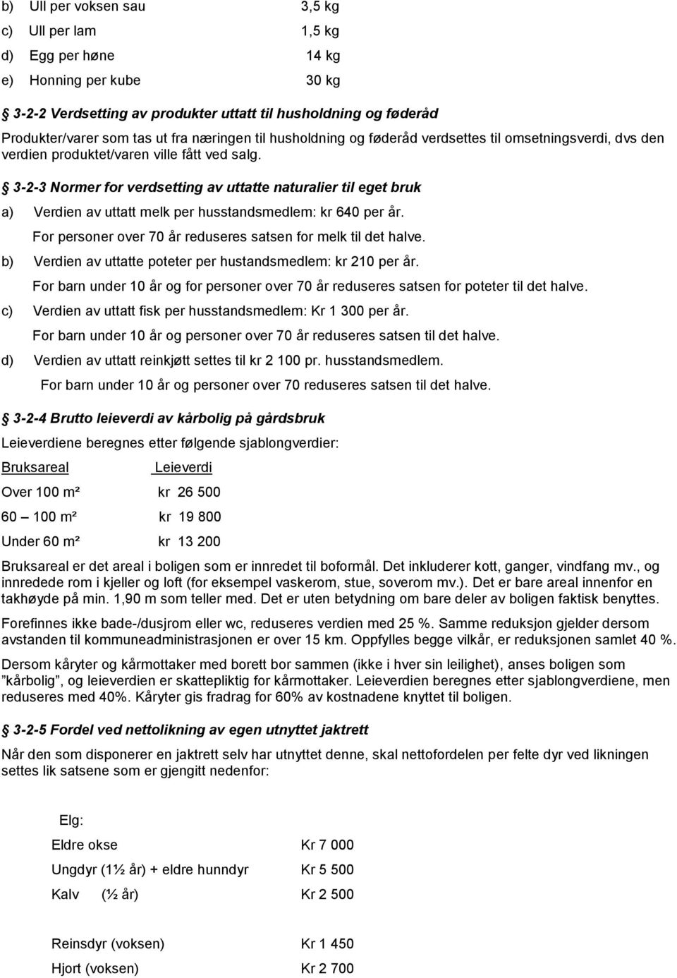 3-2-3 Normer for verdsetting av uttatte naturalier til eget bruk a) Verdien av uttatt melk per husstandsmedlem: kr 640 per år. For personer over 70 år reduseres satsen for melk til det halve.