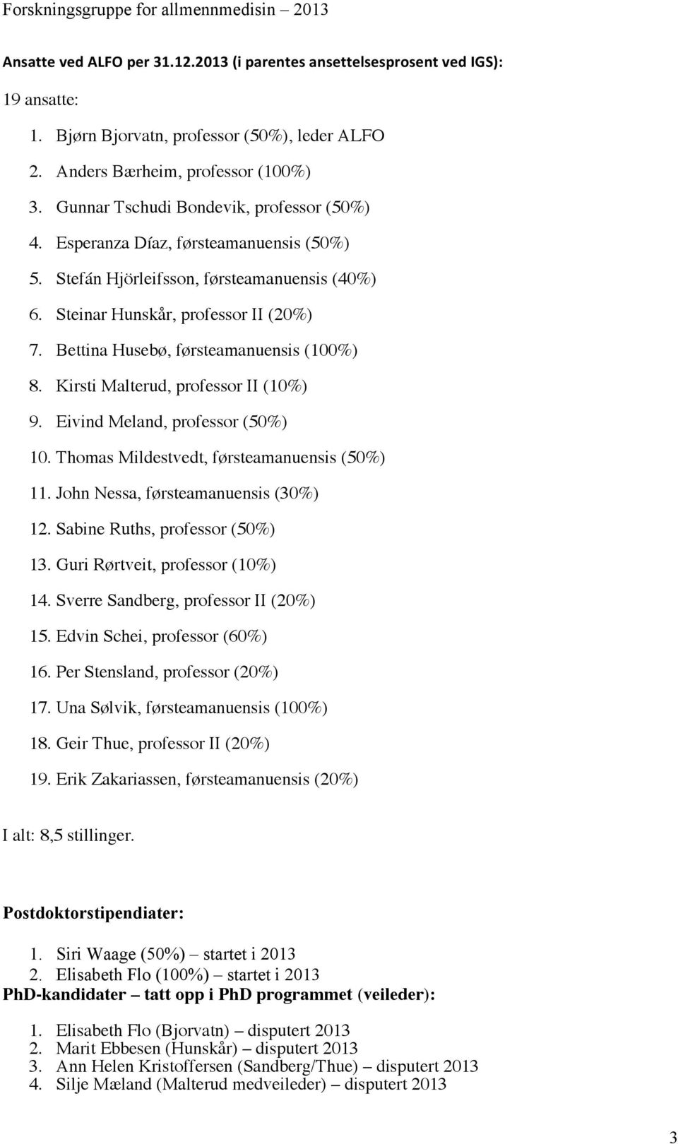 Bettina Husebø, førsteamanuensis (100%) 8. Kirsti Malterud, professor II (10%) 9. Eivind Meland, professor (50%) 10. Thomas Mildestvedt, førsteamanuensis (50%) 11.