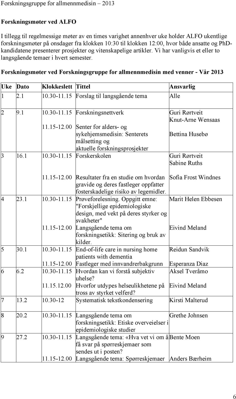 Forskningsmøter ved Forskningsgruppe for allmennmedisin med venner - Vår 2013 Uke Dato Klokkeslett Tittel Ansvarlig 1 2.1 10.30-11.15 Forslag til langsgående tema Alle 2 9.1 10.30-11.15 11.15-12.