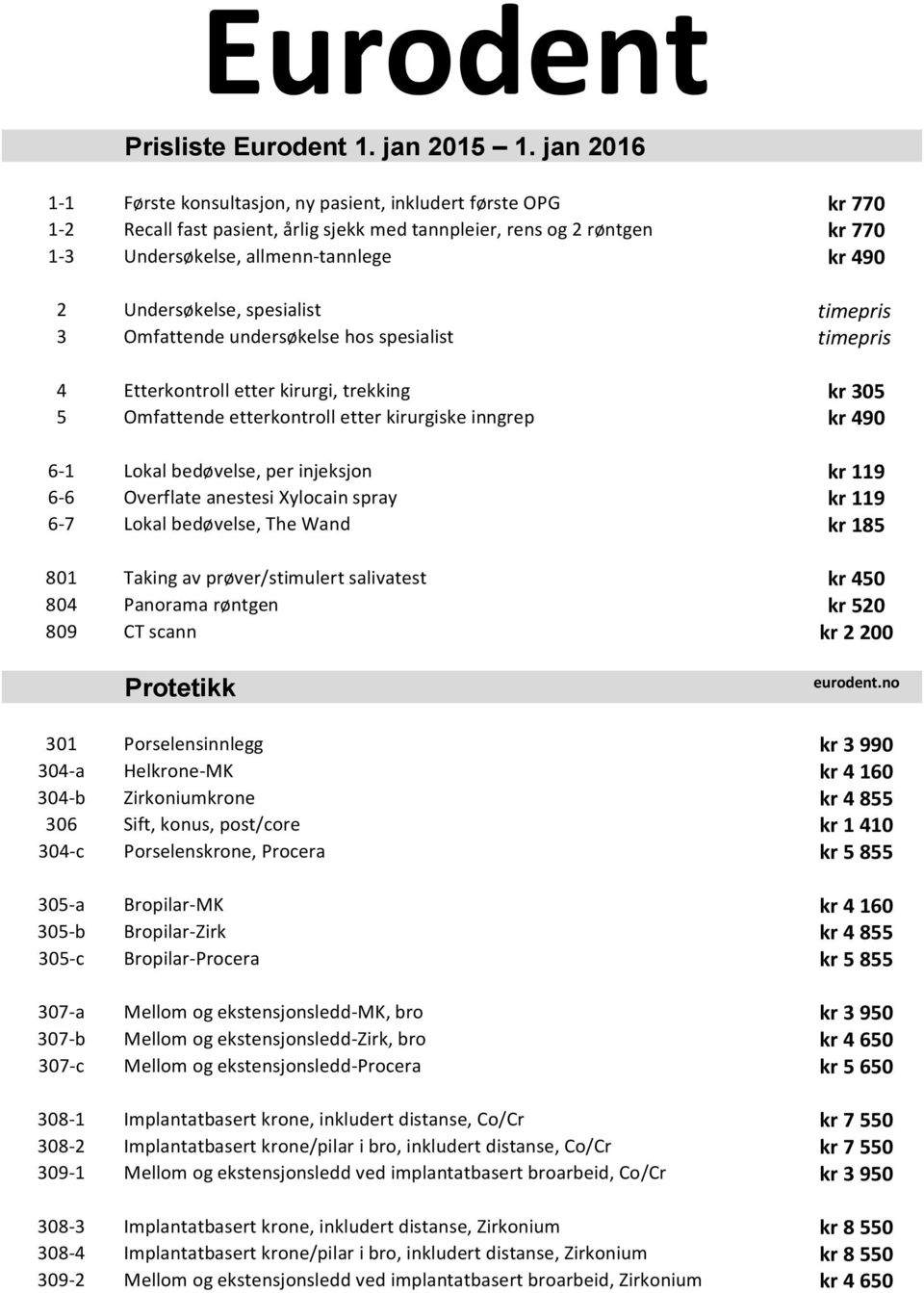 Undersøkelse, spesialist timepris 3 Omfattende undersøkelse hos spesialist timepris 4 Etterkontroll etter kirurgi, trekking kr 305 5 Omfattende etterkontroll etter kirurgiske inngrep kr 490 6-1 Lokal