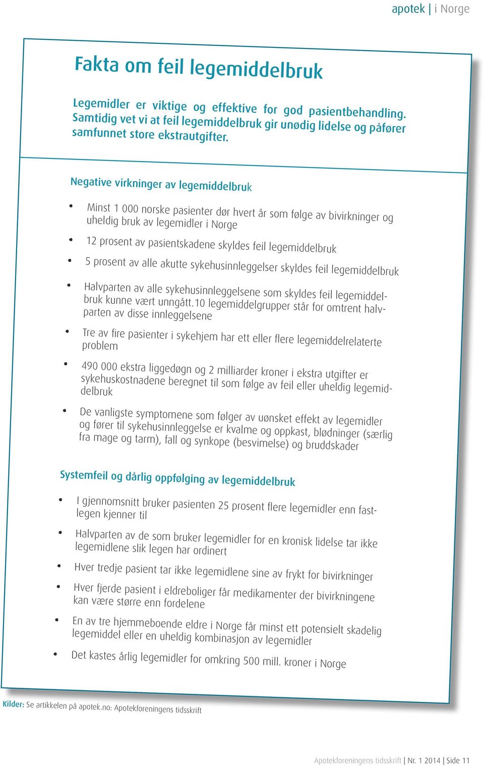 Negative virkninger av legemiddelbruk Minst 1 000 norske pasienter dør hvert år som følge av bivirkninger og uheldig bruk av legemidler i Norge 12 prosent av pasientskadene skyldes feil