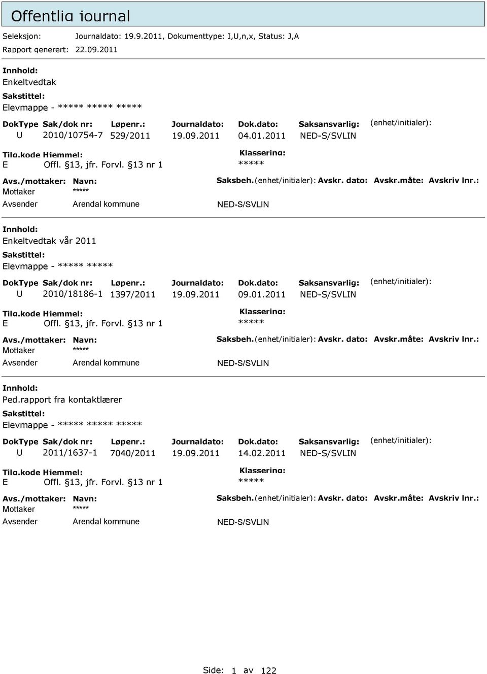 : NED-S/SVLN Enkeltvedtak vår 2011 Elevmappe - 2010/18186-1 1397/2011 09.01.2011 NED-S/SVLN E Avs./mottaker: Navn: Saksbeh. Avskr. dato: Avskr.