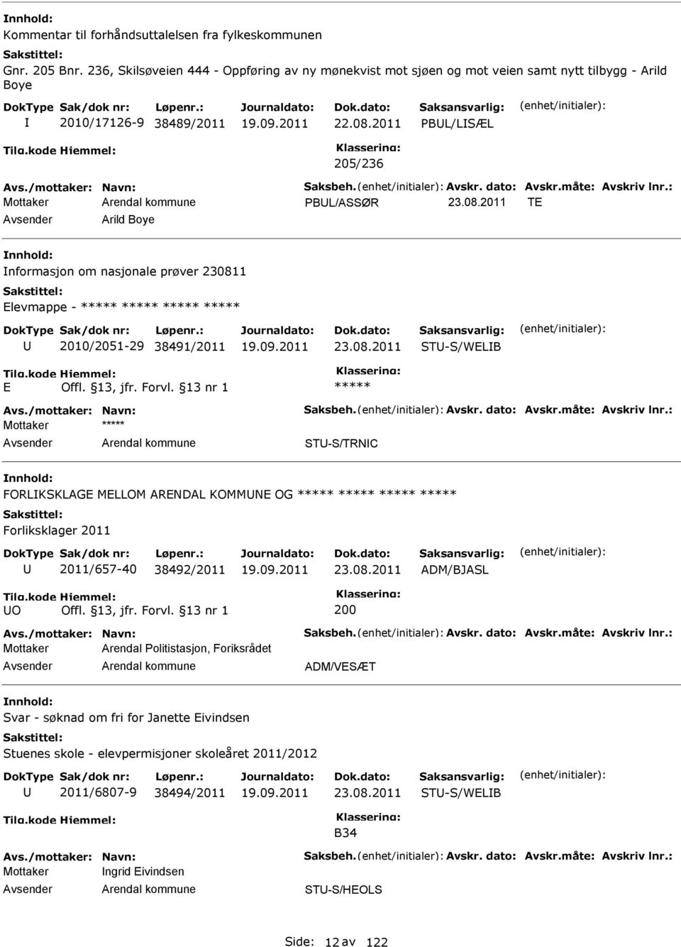 : PBL/ASSØR TE Arild Boye nformasjon om nasjonale prøver 230811 Elevmappe - 2010/2051-29 38491/2011 ST-S/WELB E Avs./mottaker: Navn: Saksbeh. Avskr. dato: Avskr.måte: Avskriv lnr.