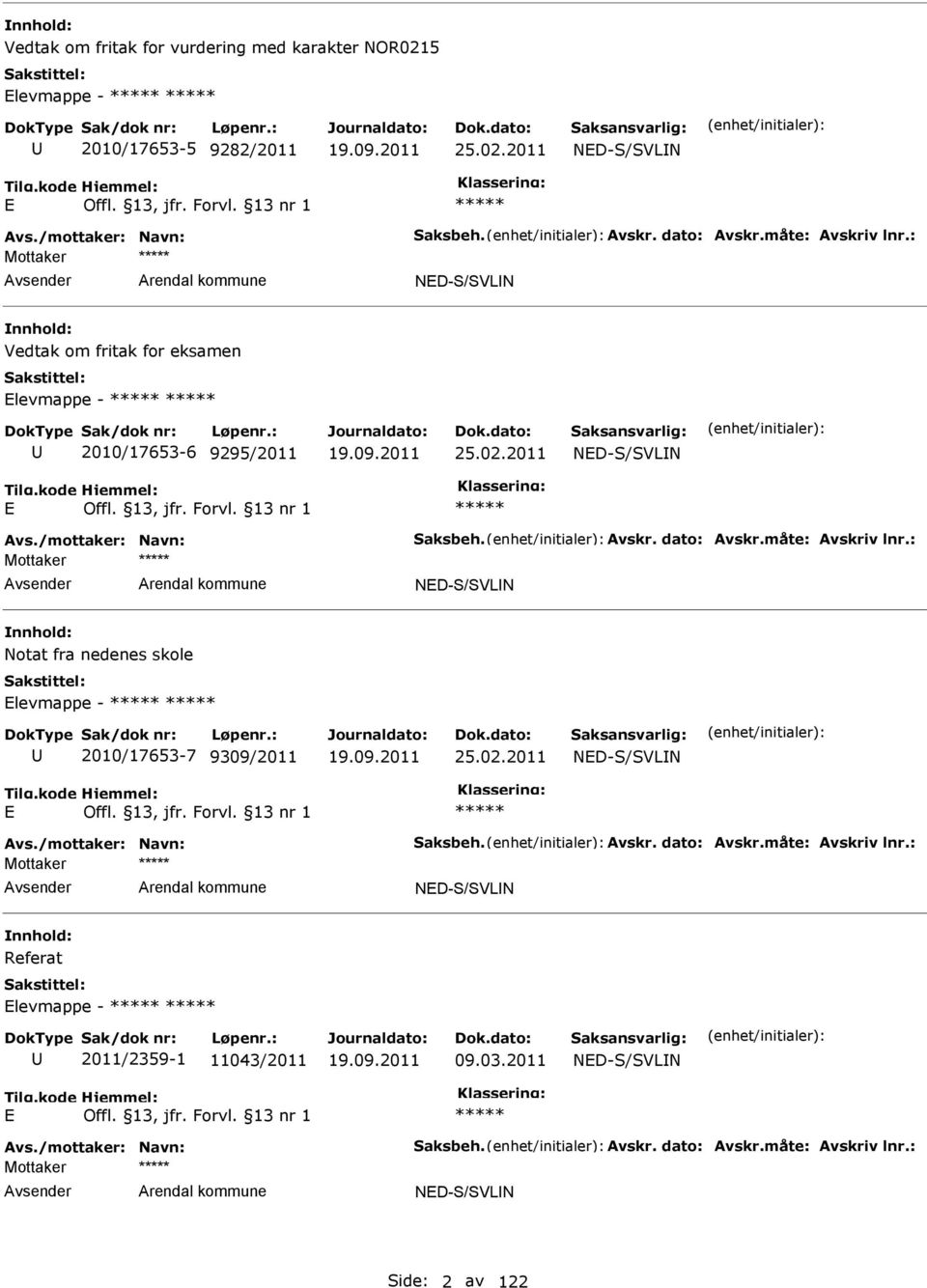 måte: Avskriv lnr.: NED-S/SVLN Notat fra nedenes skole Elevmappe - 2010/17653-7 9309/2011 25.02.2011 NED-S/SVLN E Avs./mottaker: Navn: Saksbeh. Avskr. dato: Avskr.