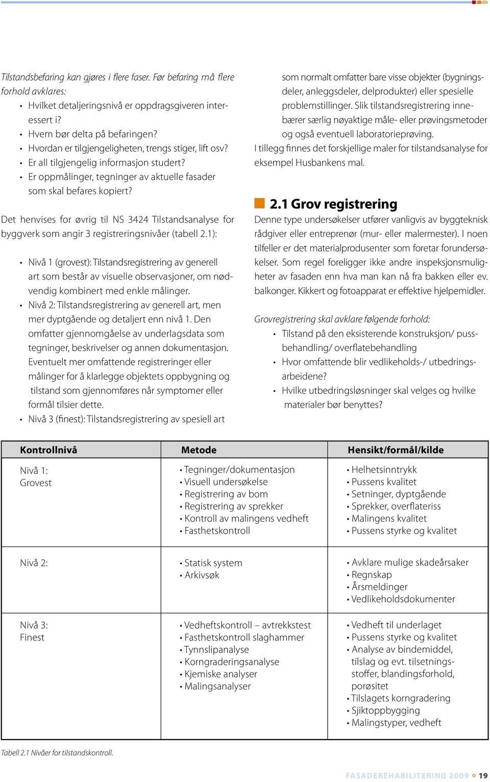 Det henvises for øvrig til NS 3424 Tilstandsanalyse for byggverk som angir 3 registreringsnivåer (tabell 2.