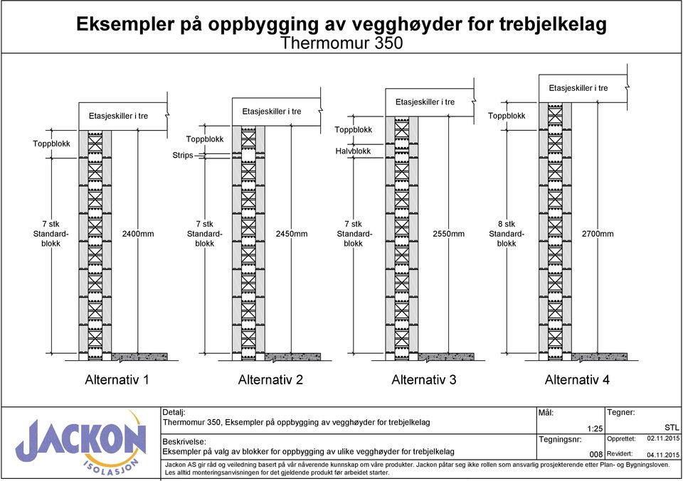 Alternativ 2 Alternativ 3 Alternativ 4, Eksempler på oppbygging av vegghøyder for trebjelkelag Eksempler på valg av blokker for oppbygging av ulike vegghøyder