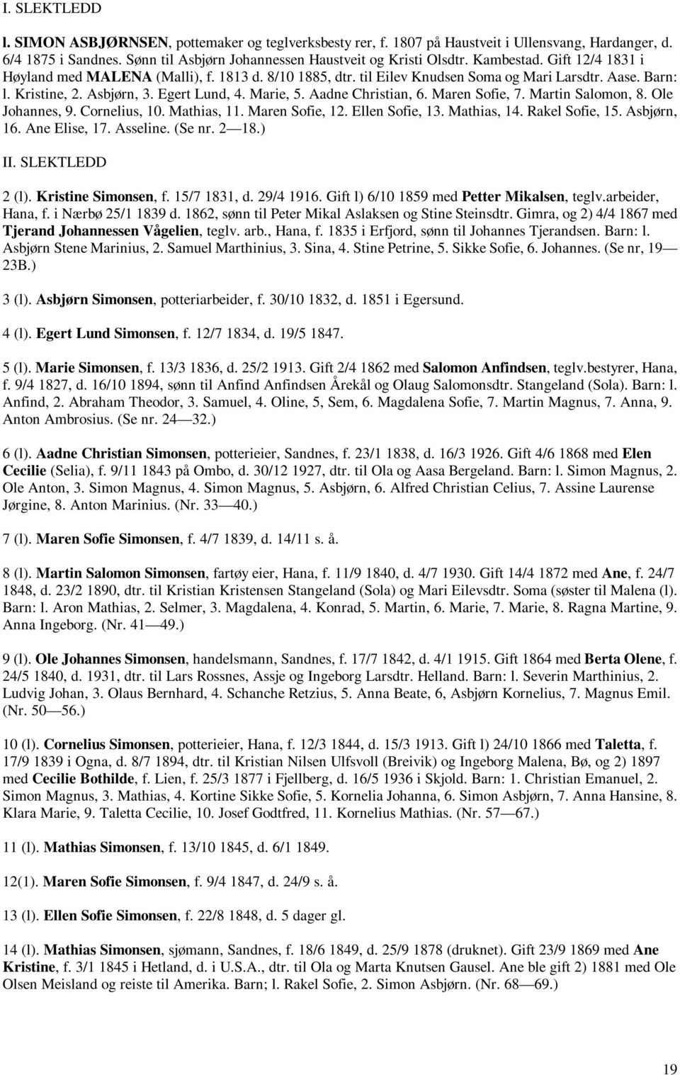 Aadne Christian, 6. Maren Sofie, 7. Martin Salomon, 8. Ole Johannes, 9. Cornelius, 10. Mathias, 11. Maren Sofie, 12. Ellen Sofie, 13. Mathias, 14. Rakel Sofie, 15. Asbjørn, 16. Ane Elise, 17.