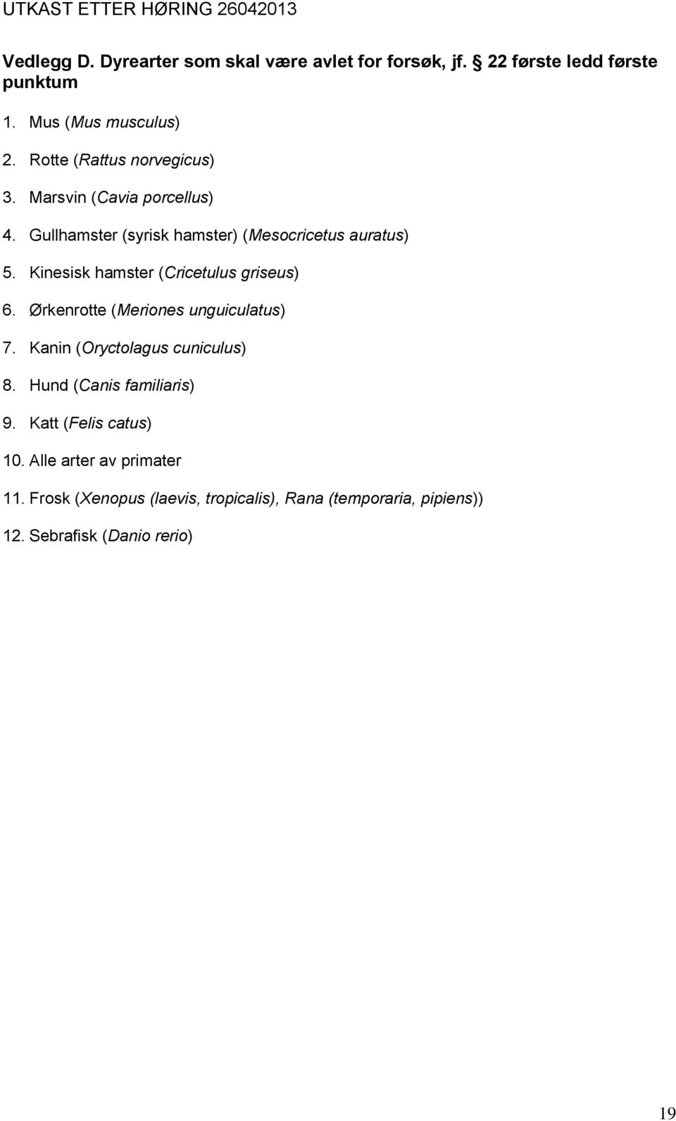 Kinesisk hamster (Cricetulus griseus) 6. Ørkenrotte (Meriones unguiculatus) 7. Kanin (Oryctolagus cuniculus) 8.