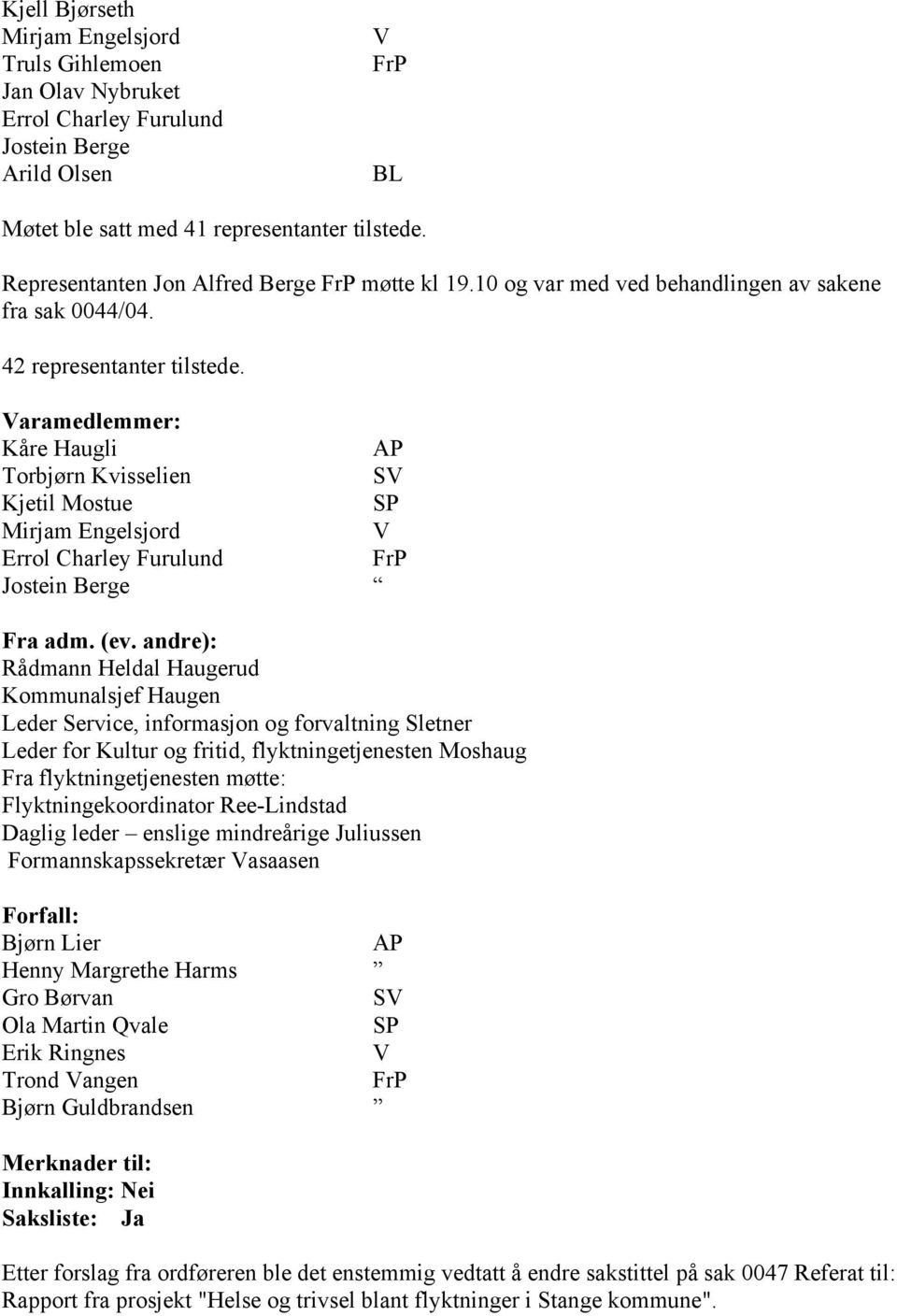 Varamedlemmer: Kåre Haugli AP Torbjørn Kvisselien SV Kjetil Mostue SP Mirjam Engelsjord V Errol Charley Furulund FrP Jostein Berge Fra adm. (ev.