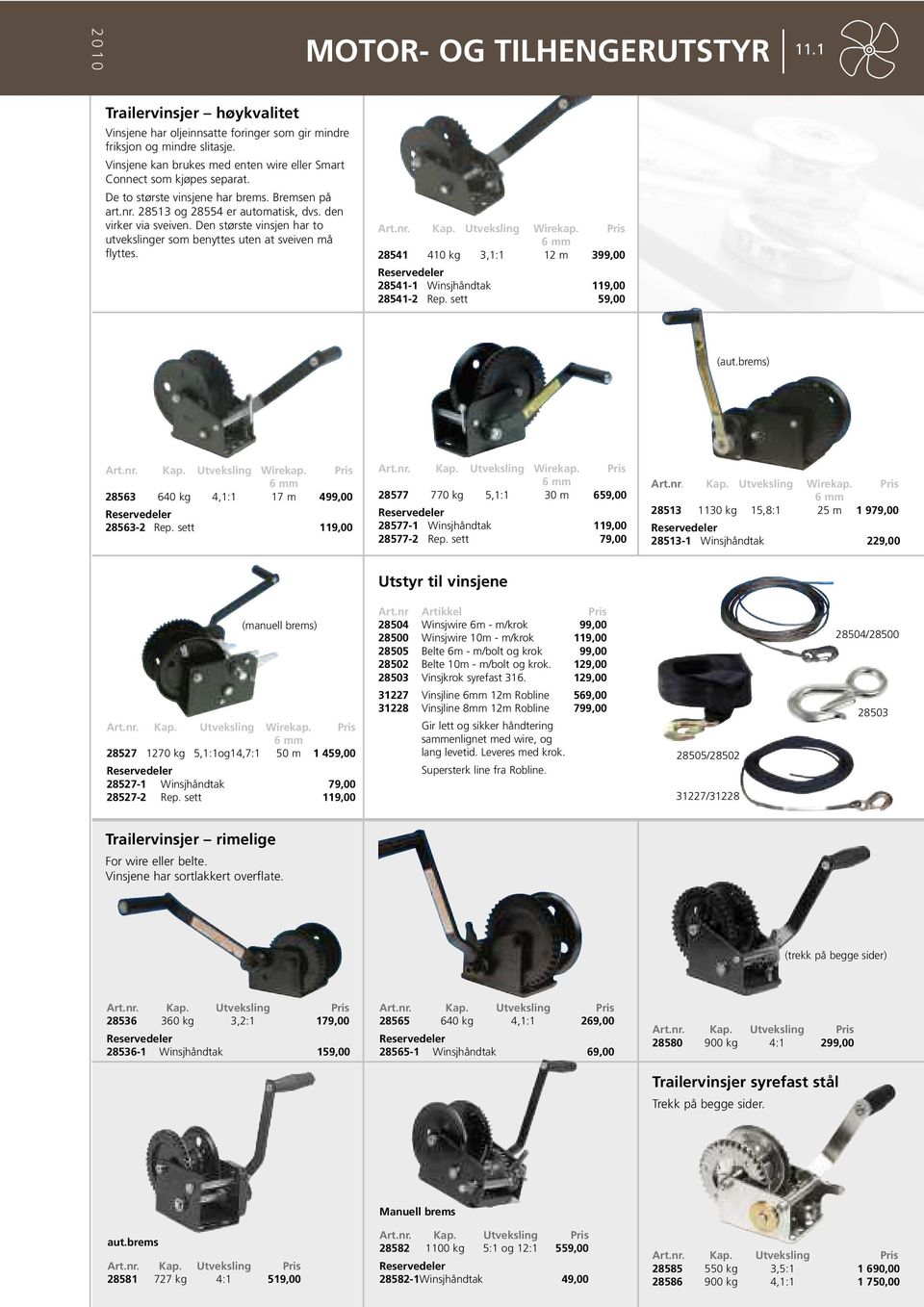 Utveksling Wirekap. 6 mm 28541 410 kg 3,1:1 12 m 399,00 Reservedeler 28541-1 Winsjhåndtak 119,00 28541-2 Rep. sett 59,00 (aut.brems) Art.nr. Kap. Utveksling Wirekap.