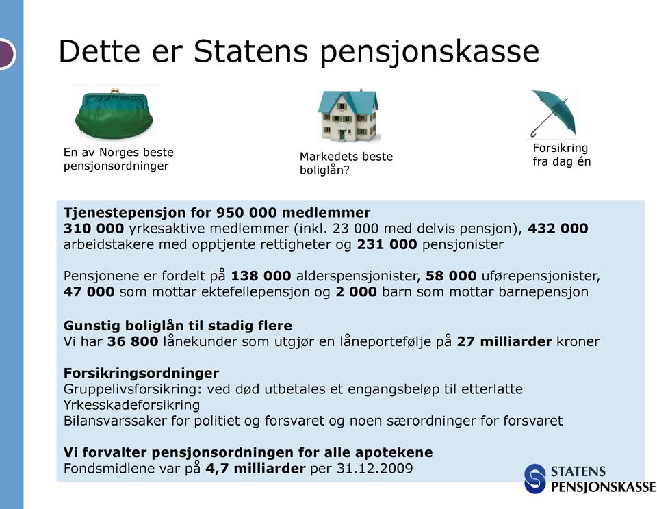 ektefellepensjon og 2 000 barn som mottar barnepensjon Gunstig boliglån til stadig flere Vi har 36 800 lånekunder som utgjør en låneportefølje på 27 milliarder kroner Forsikringsordninger