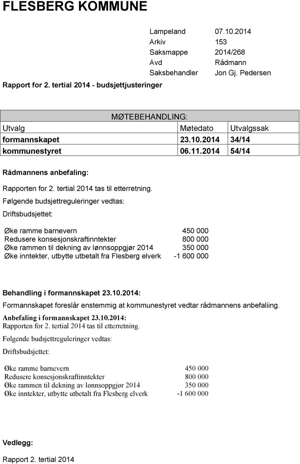 Følgende budsjettreguleringer vedtas: Driftsbudsjettet: Øke ramme barnevern 450 000 Redusere konsesjonskraftinntekter 800 000 Øke rammen til dekning av lønnsoppgjør 2014 350 000 Øke inntekter,