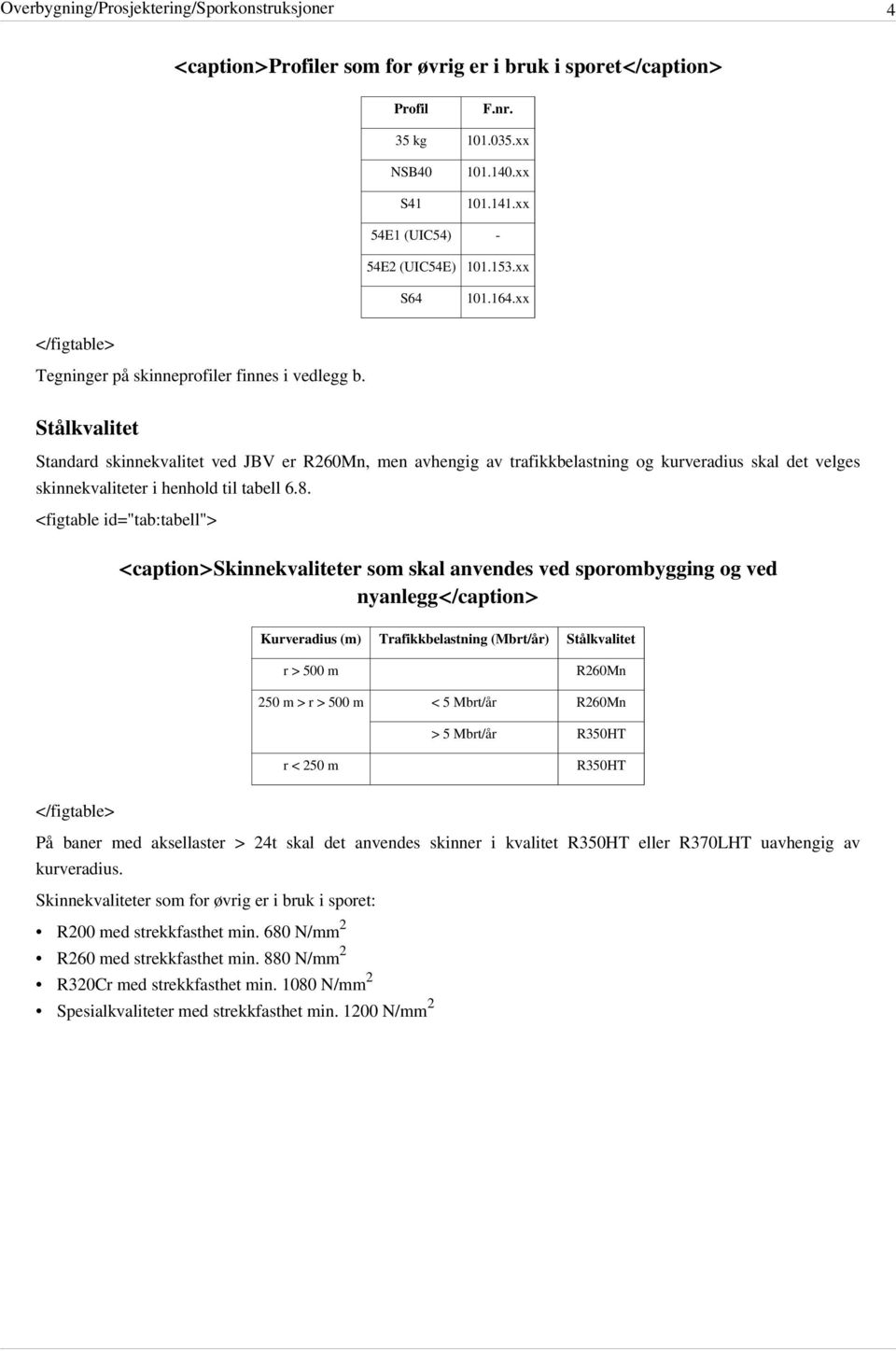 Stålkvalitet Standard skinnekvalitet ved JBV er R260Mn, men avhengig av trafikkbelastning og kurveradius skal det velges skinnekvaliteter i henhold til tabell 6.8.