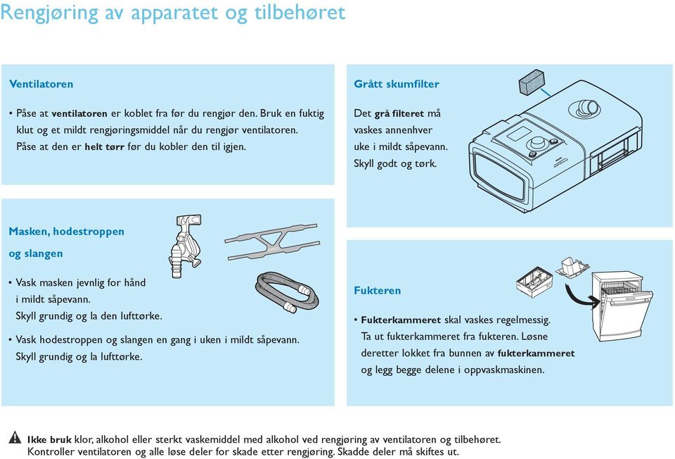 respironics.com Vask masken jevnlig for hånd i mildt såpevann. Skyll grundig og la den lufttørke. Vask hodestroppen og slangen en gang i uken i mildt såpevann. Skyll grundig og la lufttørke.