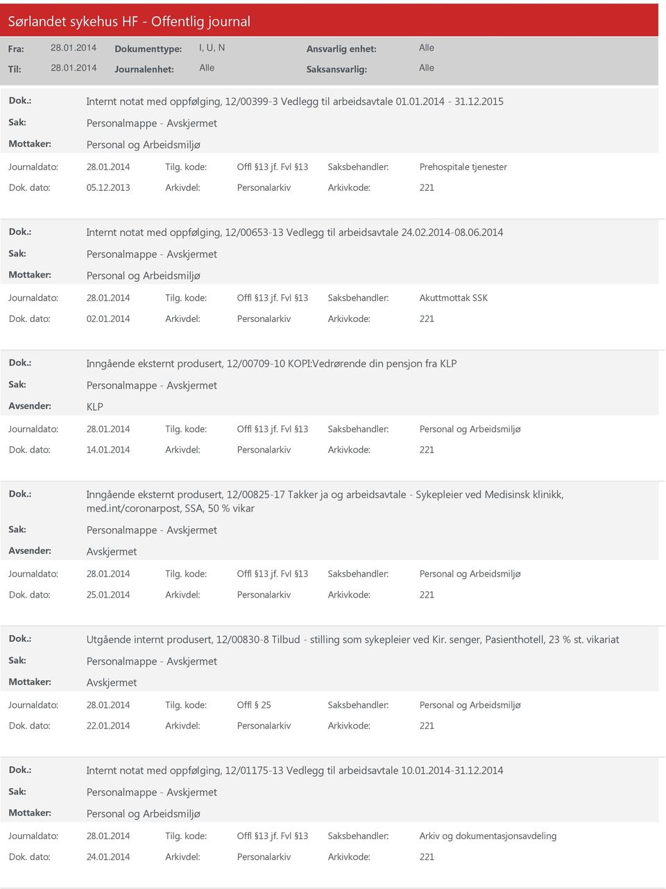 int/coronarpost, SSA, 50 % vikar Dok. dato: 25.01.2014 Arkivdel: Personalarkiv Arkivkode: 221 Utgående internt produsert, 12/00830-8 Tilbud - stilling som sykepleier ved Kir.