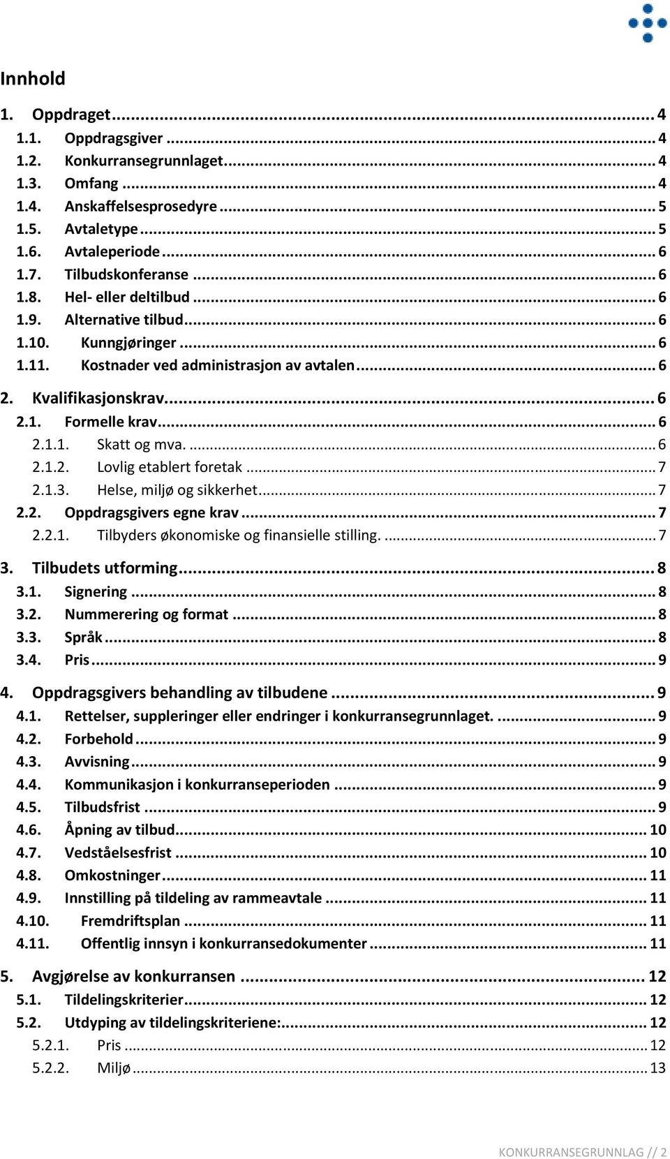 ... 6 2.1.2. Lovlig etablert foretak... 7 2.1.3. Helse, miljø og sikkerhet... 7 2.2. Oppdragsgivers egne krav... 7 2.2.1. Tilbyders økonomiske og finansielle stilling.... 7 3. Tilbudets utforming.