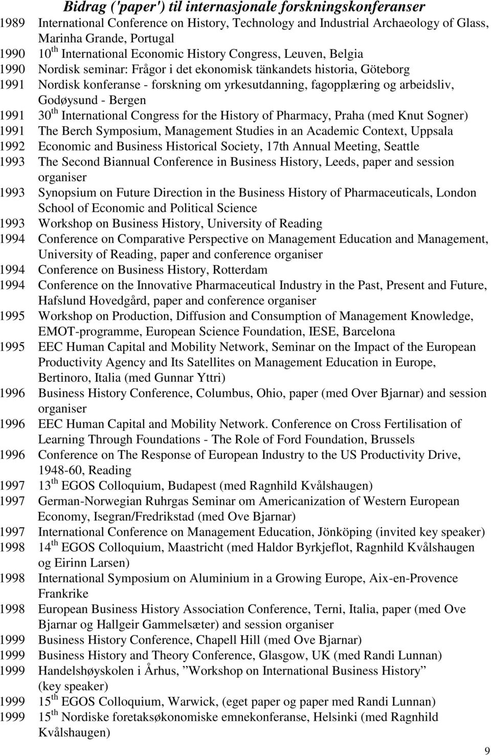 Godøysund - Bergen 1991 30 th International Congress for the History of Pharmacy, Praha (med Knut Sogner) 1991 The Berch Symposium, Management Studies in an Academic Context, Uppsala 1992 Economic