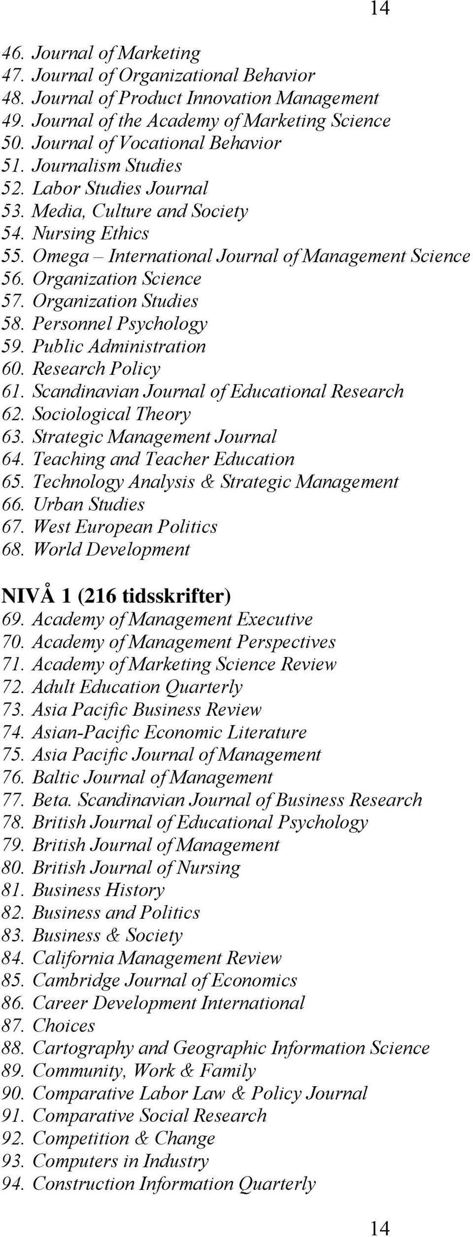 Organization Studies 58. Personnel Psychology 59. Public Administration 60. Research Policy 61. Scandinavian Journal of Educational Research 62. Sociological Theory 63.