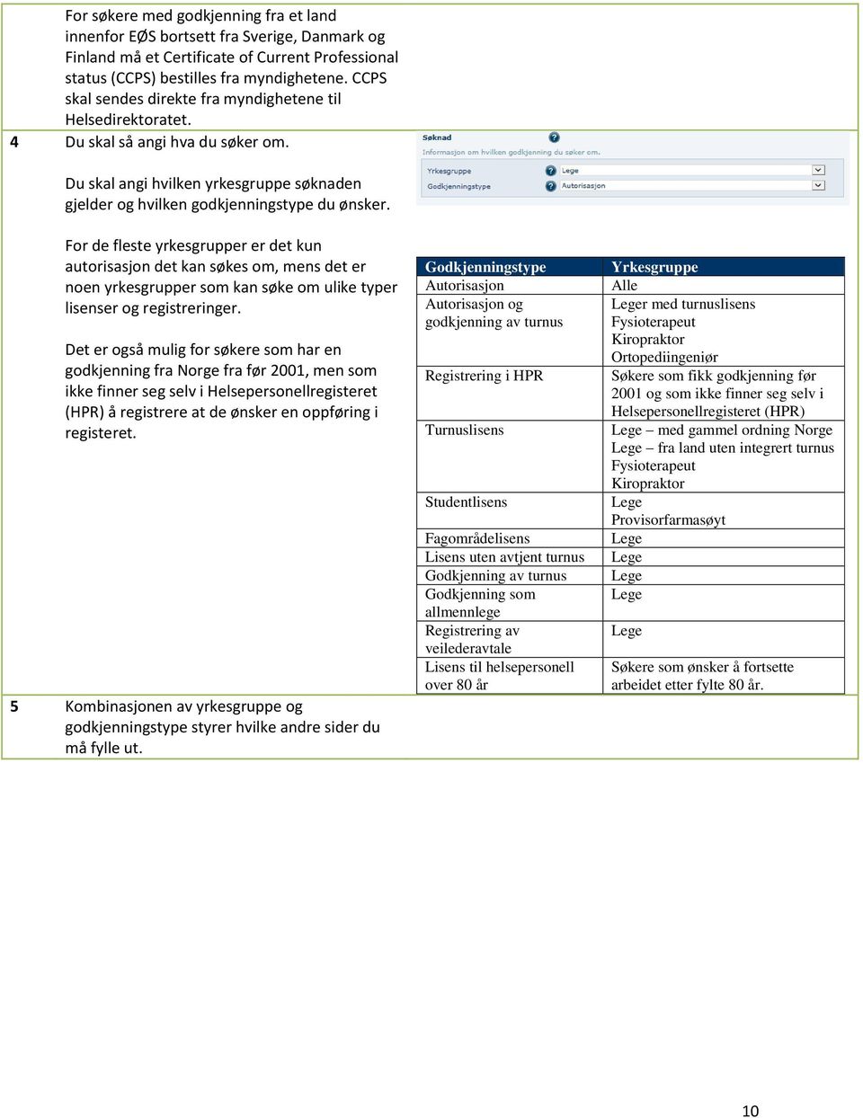 For de fleste yrkesgrupper er det kun autorisasjon det kan søkes om, mens det er noen yrkesgrupper som kan søke om ulike typer lisenser og registreringer.