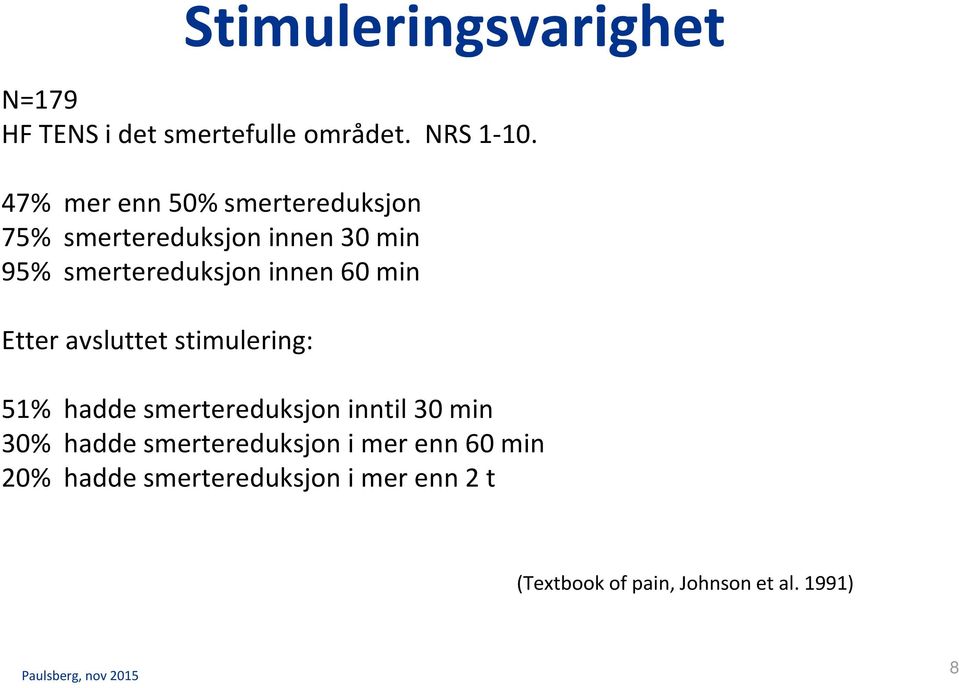 60 min Etter avsluttet stimulering: 51% hadde smertereduksjon inntil 30 min 30% hadde