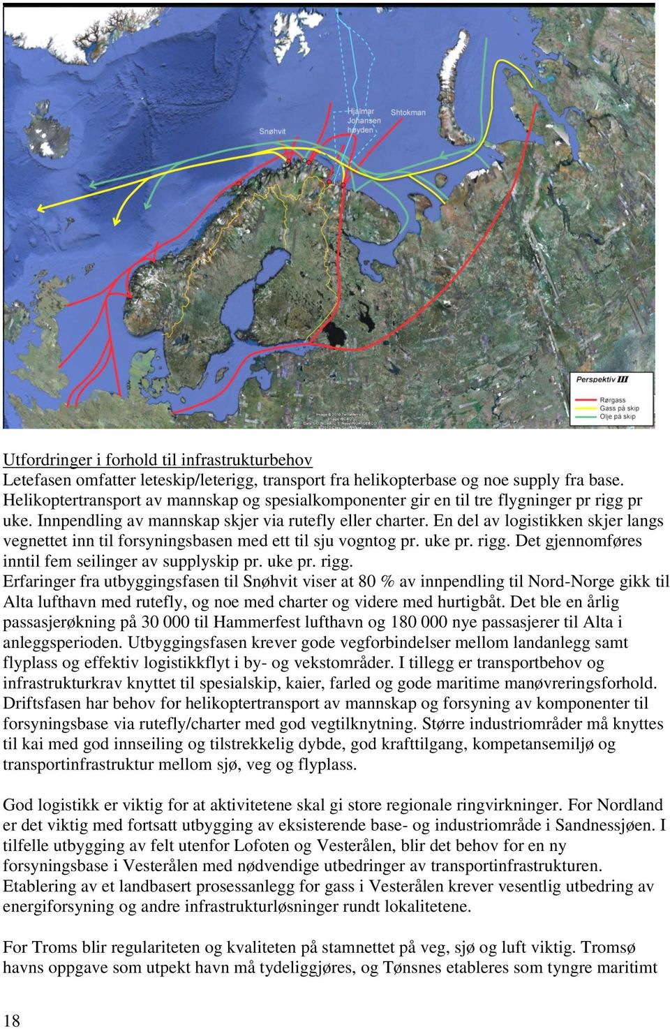 En del av logistikken skjer langs vegnettet inn til forsyningsbasen med ett til sju vogntog pr. uke pr. rigg.