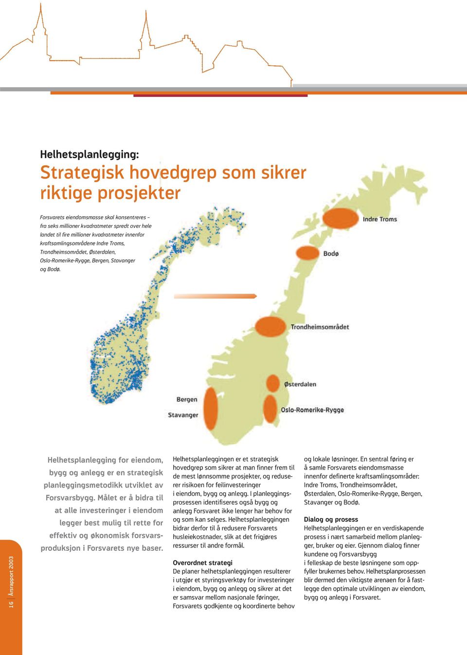 16 Årsrapport 2003 Helhetsplanlegging for eiendom, bygg og anlegg er en strategisk planleggingsmetodikk utviklet av Forsvarsbygg.