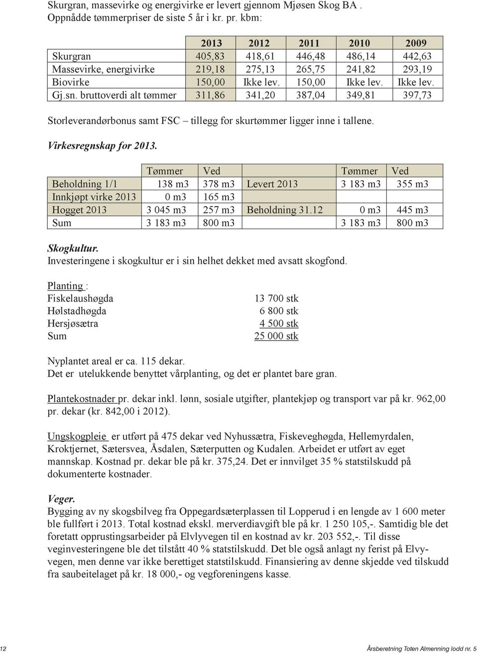 bruttoverdi alt tømmer 311,86 341,20 387,04 349,81 397,73 Storleverandørbonus samt FSC tillegg for skurtømmer ligger inne i tallene. Virkesregnskap for 2013.