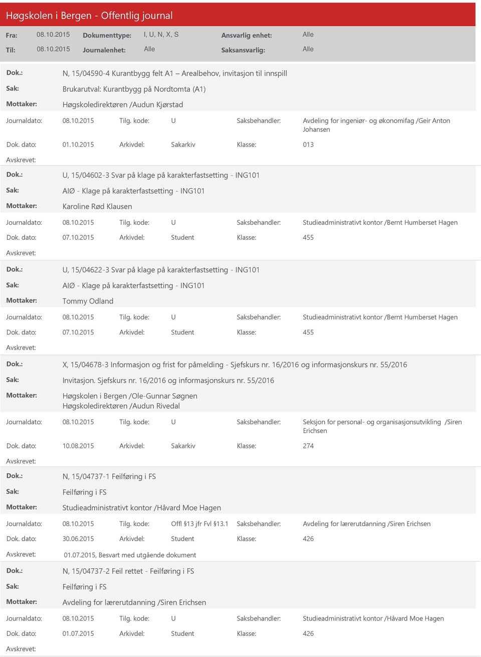 2015 Arkivdel: Sakarkiv 013, 15/04602-3 Svar på klage på karakterfastsetting - ING101 AIØ - Klage på karakterfastsetting - ING101 Karoline Rød Klausen Studieadministrativt kontor /Bernt Humberset